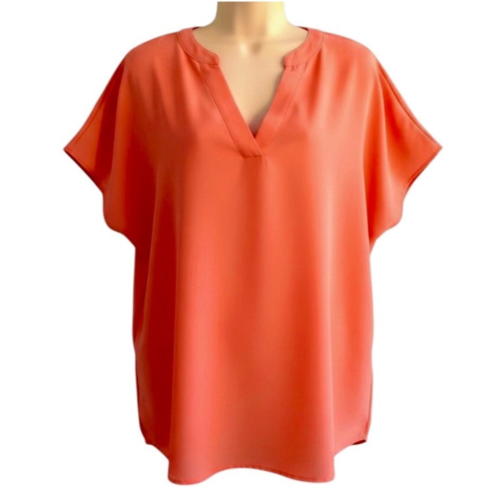 NWT Adrianna Papell HOT POPPY CORAL ORANGE Flowy Blouse Top V-Neck Cap Sleeve L